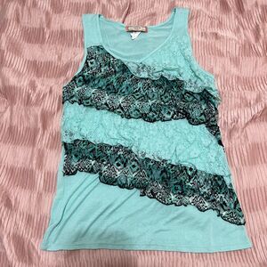 Vintage Y2k C’est La Vie Team Tank Top With Lace Overlays Size S Made In USA